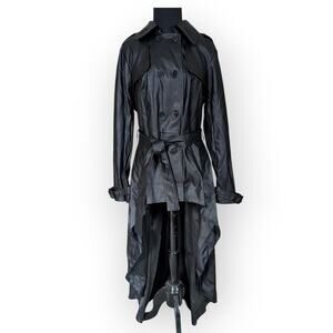 Venus Trench Coat Faux Leather Black Hi Lo Double Breasted Pleated Women's 12